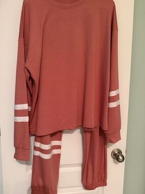 Casual Two-Piece Lounge Set in Dusty Rose with White Stripes